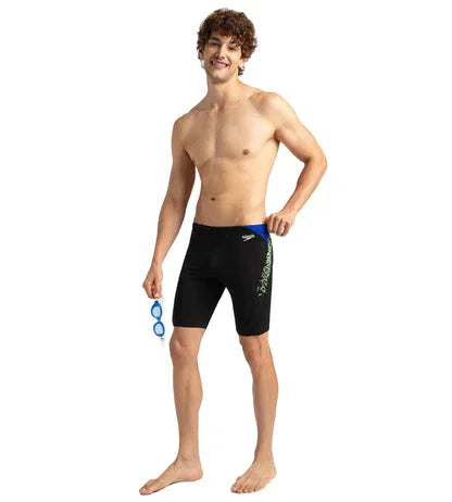 Speedo Men's Endurance+ Boom Splice Jammer – Black & Bright Zest, Chlorine Resistant, UV Protection - Jaiman Toys