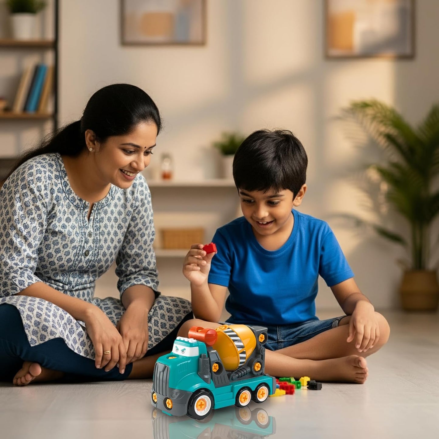 ThinkerPlace 2-in-1 Electric Detachable Mix Truck | Motorized Cement Mixer DIY Assembly Vehicle with Electric Drill for Kids