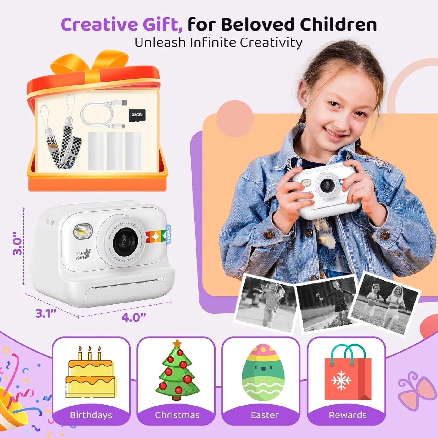 Instant Print Camera – 1080P Digital Video, Photo & Travel Toy Gift (White)