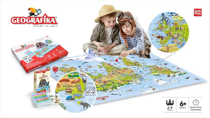 UnikPlay Geografika World Map Game with Illustrated Map & 40 Game Cards – Fun & Educational Geography Board Game for Kids Ages 6+ - Jaiman Toys