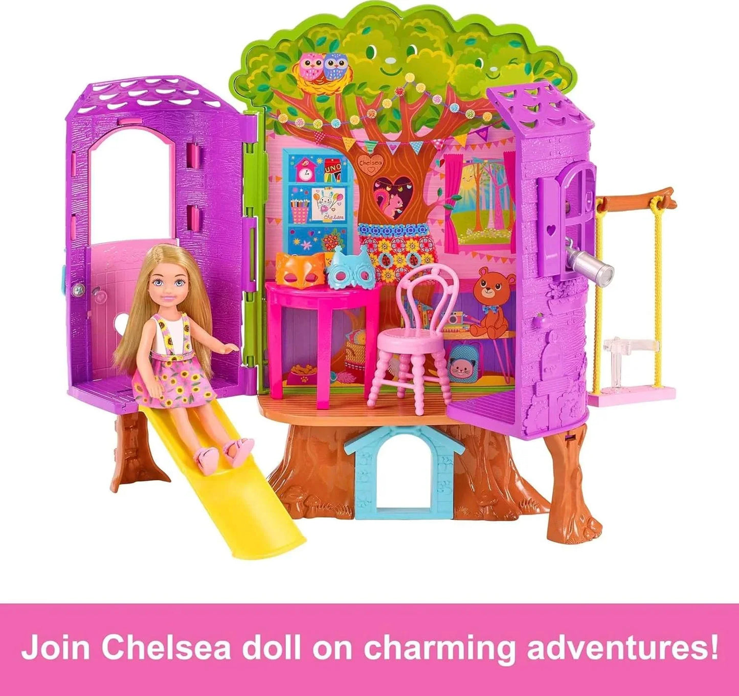 Barbie Chelsea Doll & Treehouse Playset with Pet Puppy – Dollhouse with Furniture, Slide & 10+ Accessories