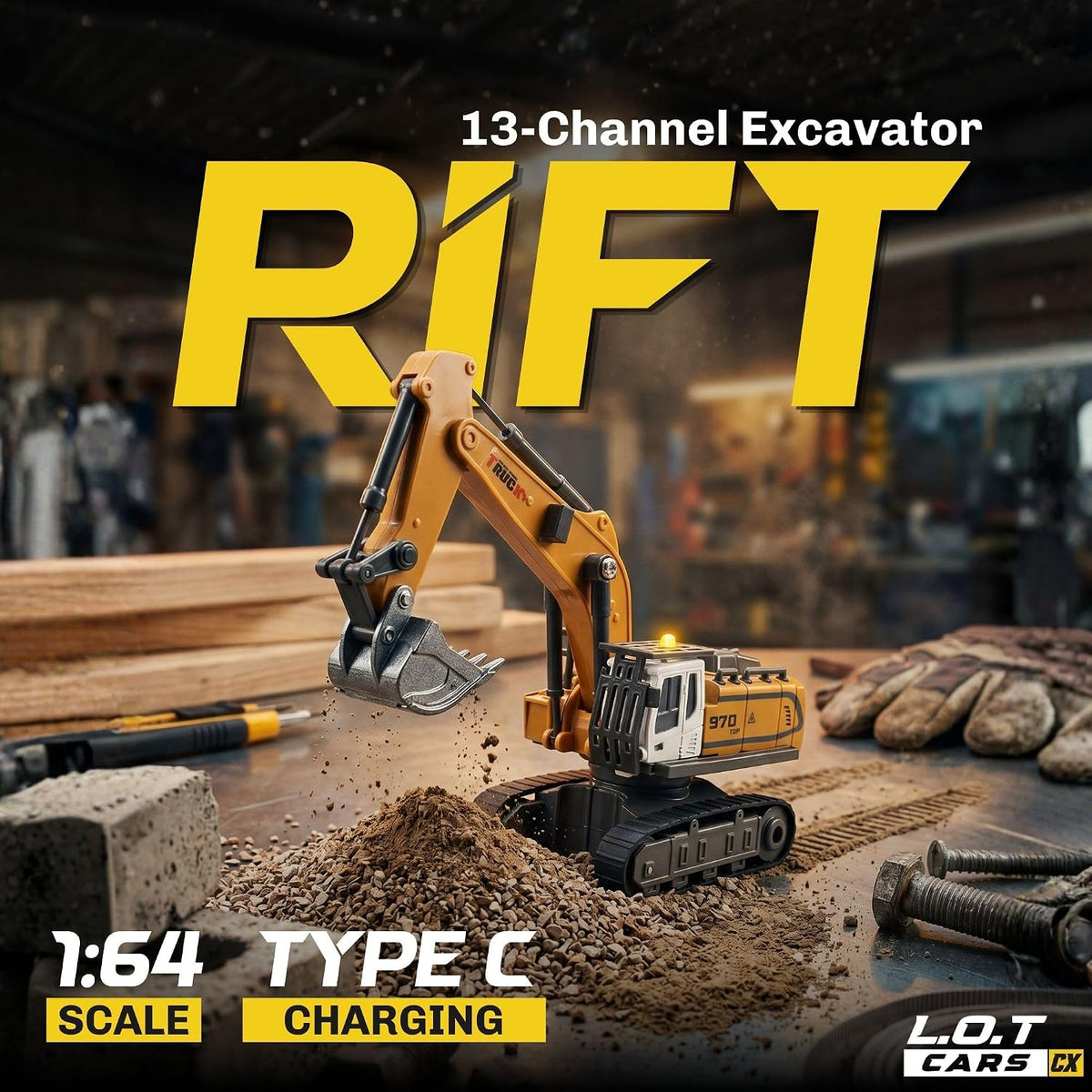 L.O.T Cars 1:64 Scale Remote Control RC Excavator | RIFT Construction Digger Toy with Moving Arm & Bucket | Rechargeable Engineering Vehicle for Kids