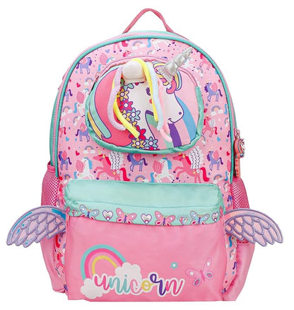 Unicorn School Backpack 15 Inch – Kids Cute Unicorn Wings School Bag for Girls with Side Bottle Pockets
