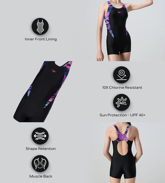 Speedo Printed Splice Muscleback Legsuit – Black & Margarita Pink | Girls Fitness Swimsuit with Chlorine Resistance & UPF Protection