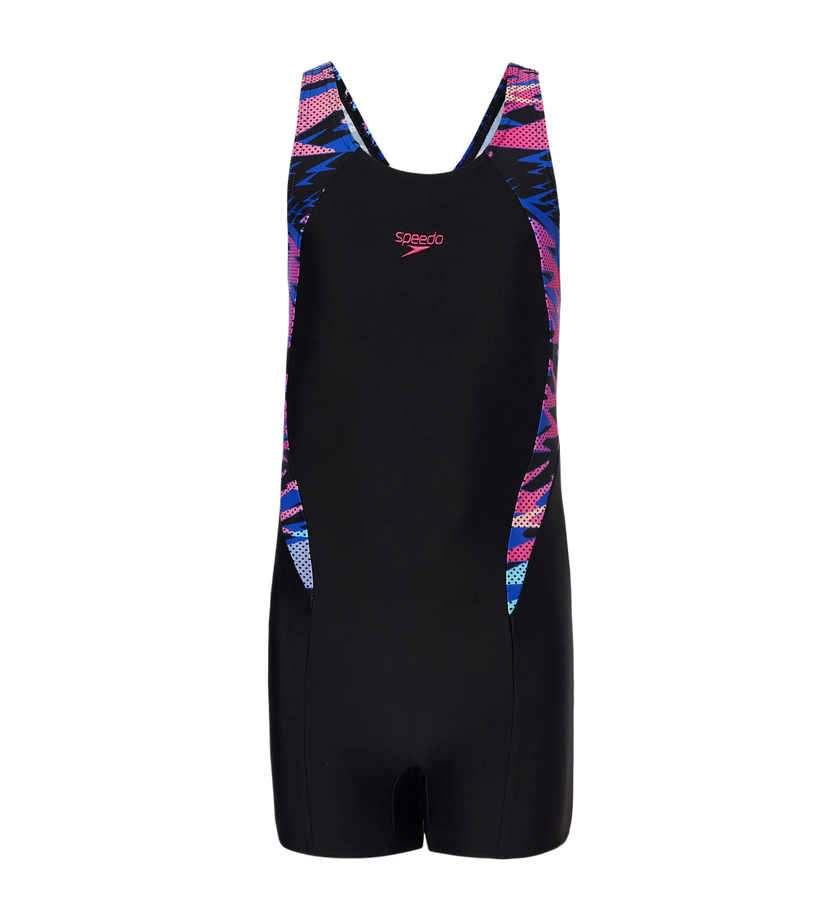 Speedo Printed Splice Muscleback Legsuit – Black & Margarita Pink | Girls Fitness Swimsuit with Chlorine Resistance & UPF Protection