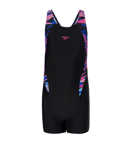 Speedo Printed Splice Muscleback Legsuit – Black & Margarita Pink | Girls Fitness Swimsuit with Chlorine Resistance & UPF Protection