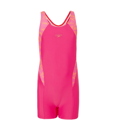 Speedo Printed Splice Muscleback Legsuit for Girls – Ruby, Tropic Coral & Margarita Pink | Chlorine Resistant Swimwear with UPF 40+