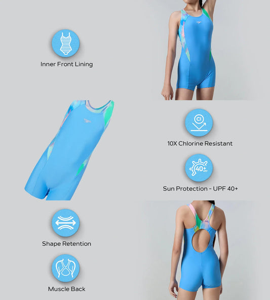 Speedo Printed Splice Muscleback Legsuit for Girls – Periwinkle Blue & Glassy Pink | Chlorine Resistant Swimming Costume with UPF Protection