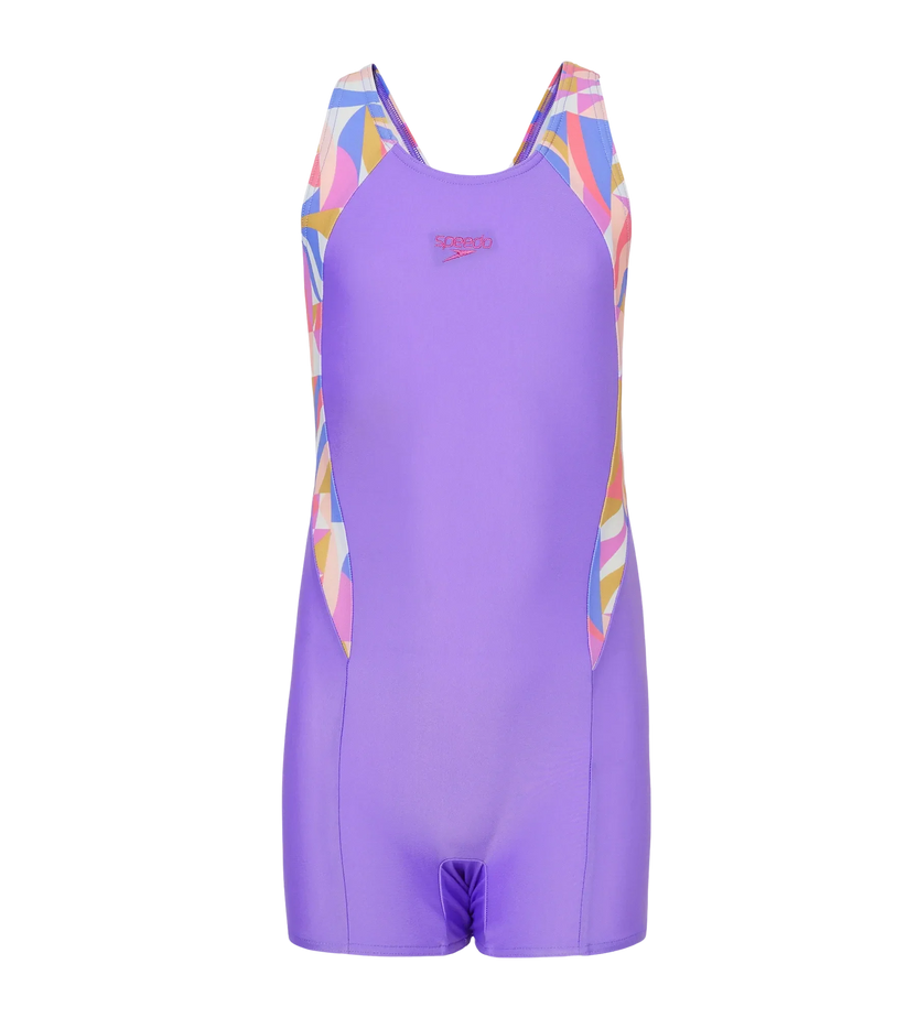 Speedo Printed Splice Muscleback Legsuit for Girls – Purple Mist & Neon Violet | Chlorine Resistant Swimming Costume with UPF Protection