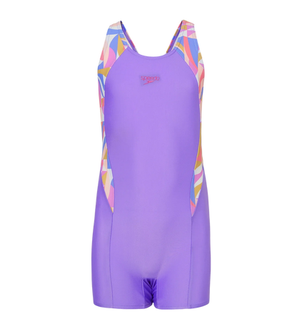 Speedo Printed Splice Muscleback Legsuit for Girls – Purple Mist & Neon Violet | Chlorine Resistant Swimming Costume with UPF Protection