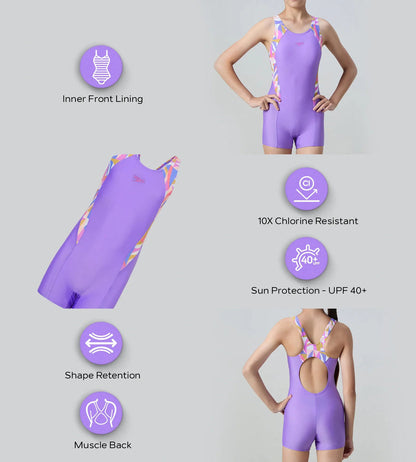 Speedo Printed Splice Muscleback Legsuit for Girls – Purple Mist & Neon Violet | Chlorine Resistant Swimming Costume with UPF Protection
