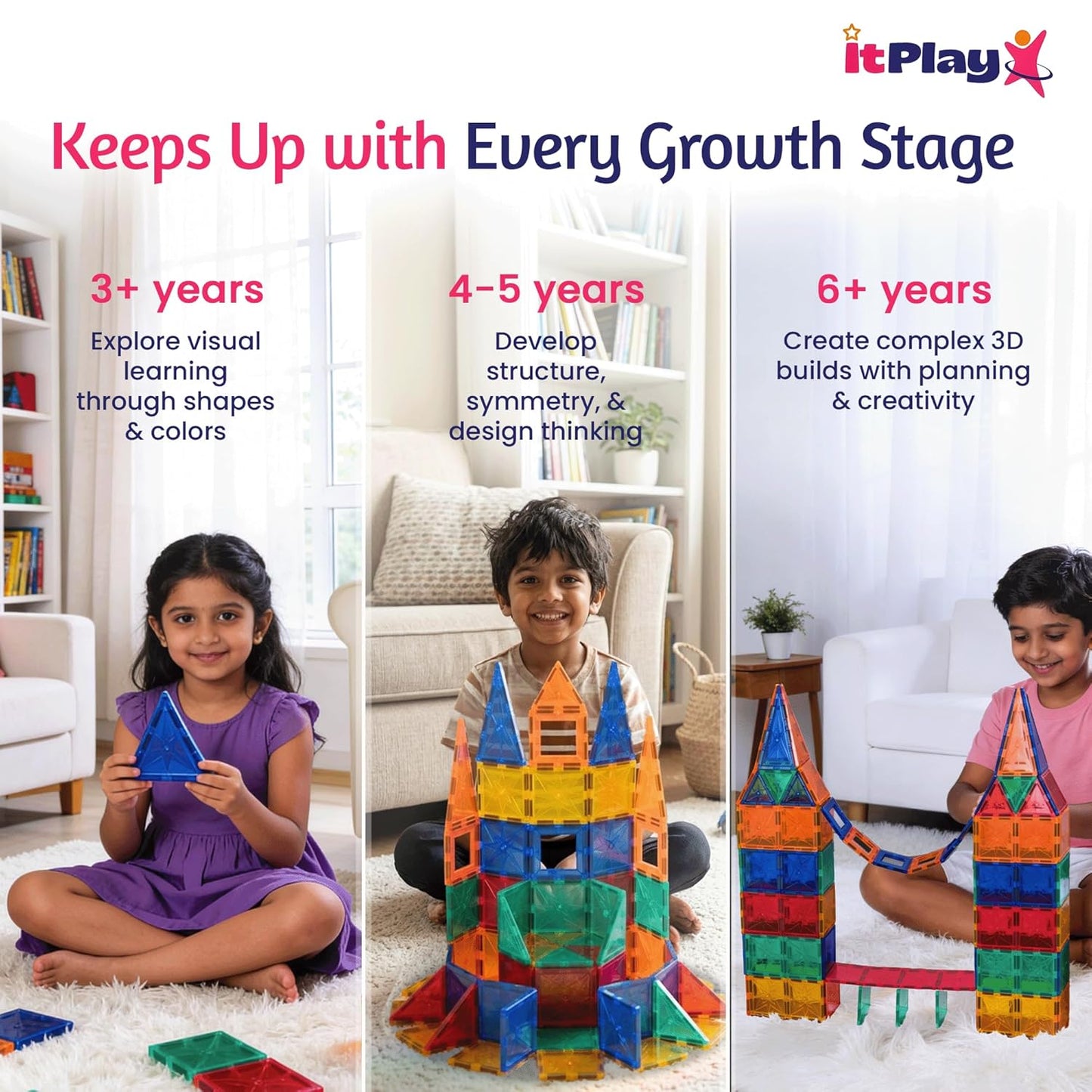 ItPlay Magnetic Tiles 117 Pieces Set for Kids | STEM Educational Building Blocks Construction Toy