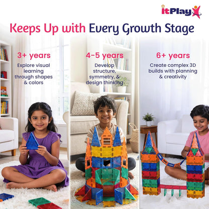 ItPlay Magnetic Tiles 117 Pieces Set for Kids | STEM Educational Building Blocks Construction Toy
