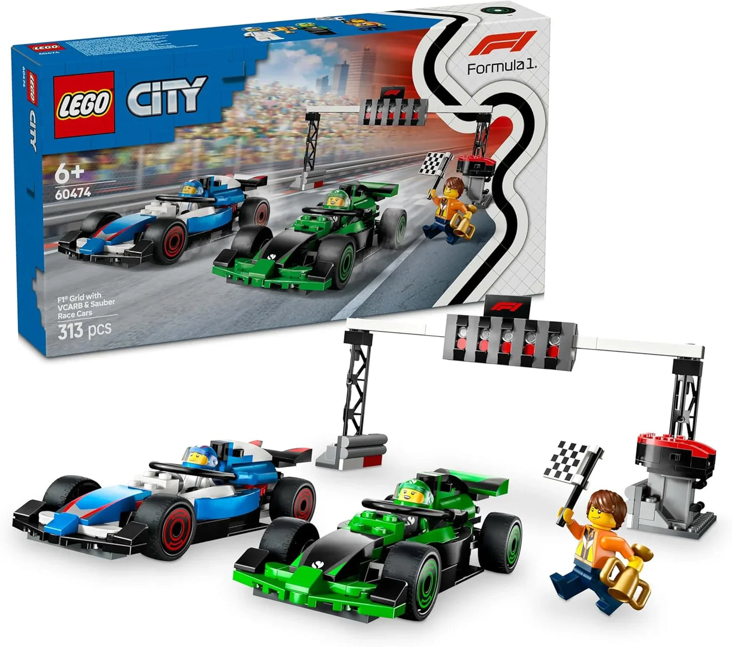 LEGO City - 60474 F1 Grid with VCARB & Sauber Race Cars - Buildable Formula 1 Car Toys, 2 Driver Minifigures, Marshal, & Starting Lights Line - Fun Gift Idea for 6+ Year Old Boys & Girls