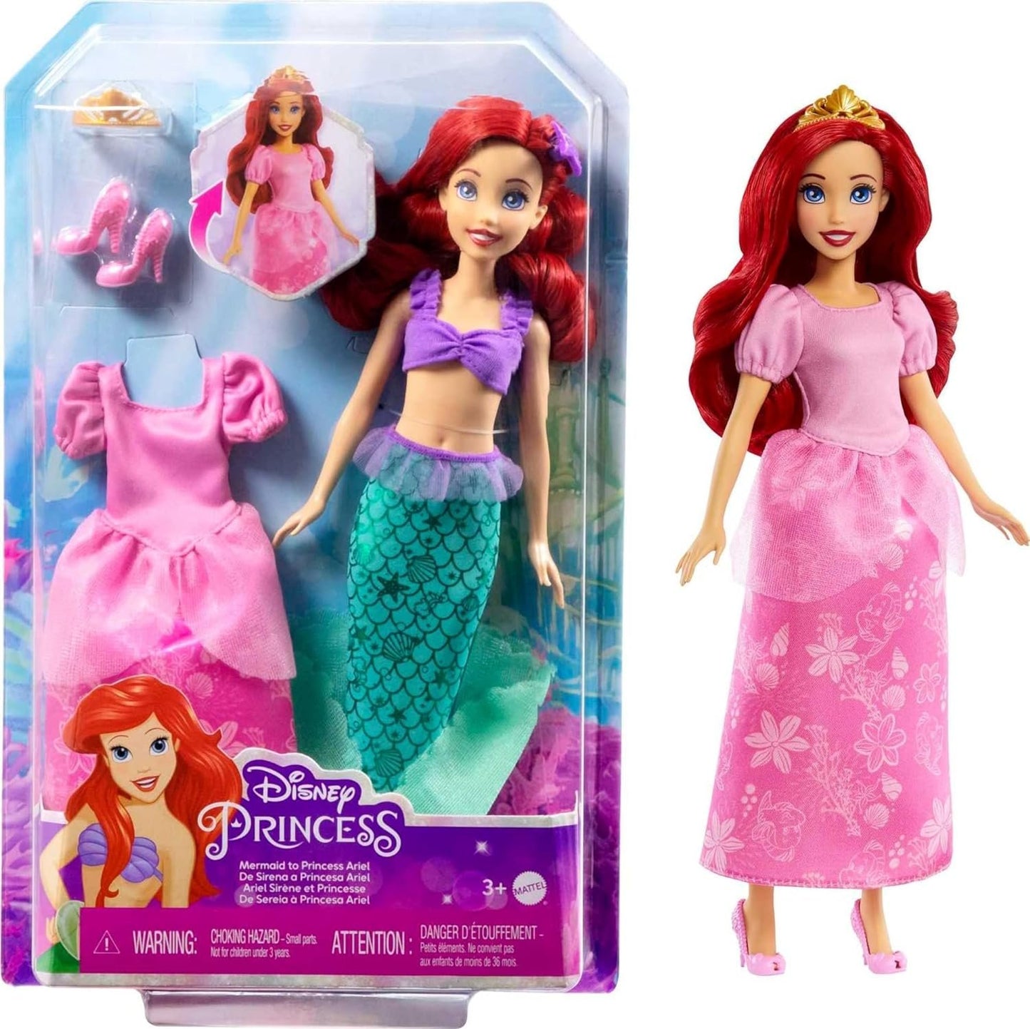 Disney Princess Toys, Ariel 2-in-1 Mermaid to Princess Doll with 2 Fashions and Accessories, Inspired by The Movies, Gifts for Kids