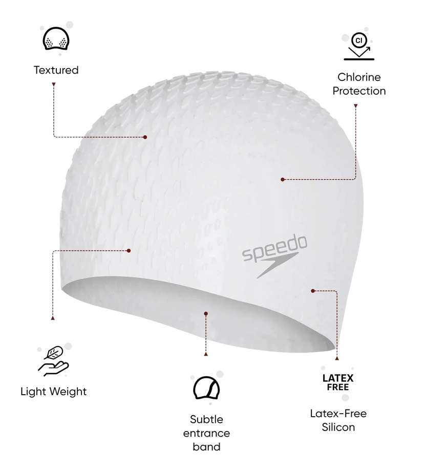 Speedo Unisex Bubble Active+ Silicone Swim Cap for Men and Women, Chlorine-Resistant Textured Swimming Cap – White