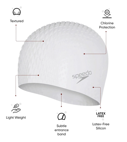 Speedo Unisex Bubble Active+ Silicone Swim Cap for Men and Women, Chlorine-Resistant Textured Swimming Cap – White