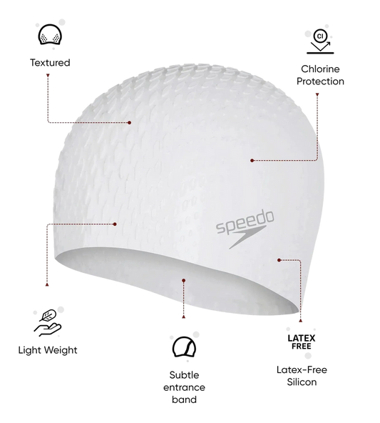 Speedo Unisex Bubble Active+ Silicone Swim Cap for Men and Women, Chlorine-Resistant Textured Swimming Cap – White