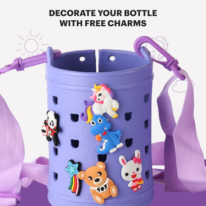 Kids Insulated Stainless Steel Water Bottle with Carry Pouch – Leakproof School Bottle with Shoulder Strap (Cute Cat Design)