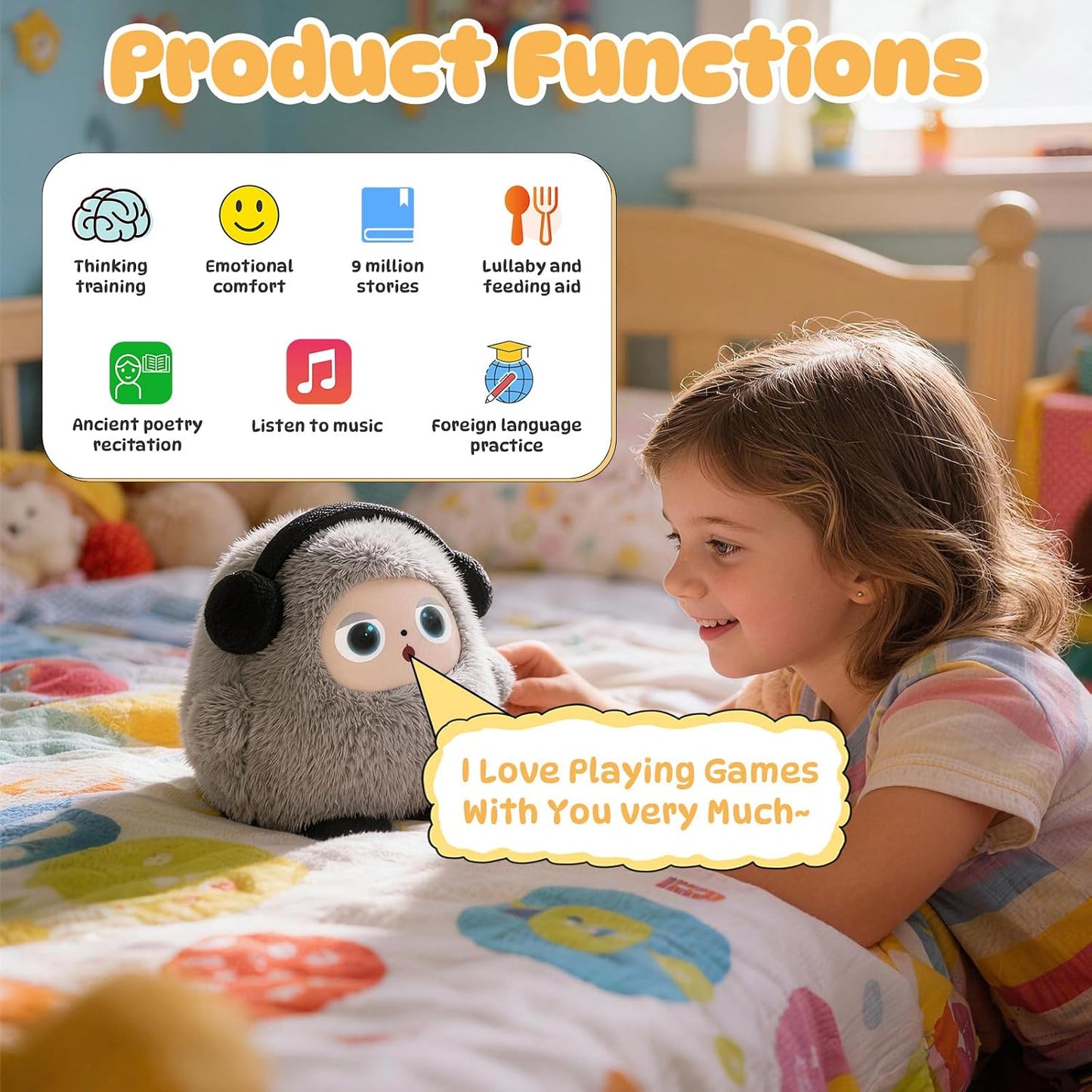 AI Interactive Plush Toy with LED Eyes | Smart AI Talking Plush Companion | App-Controlled Intelligent Plush Robot | Soft Rechargeable Interactive Toy | Grey | 9 Inch