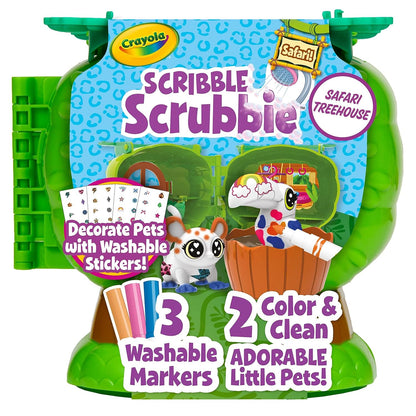 Crayola Scribble Scrubbie Pets Safari Treehouse Playset, Flocked Color and Wash Jungle Pets, Washable Markers, Stickers, Tub, Brush, Carry Case with Storage,3+