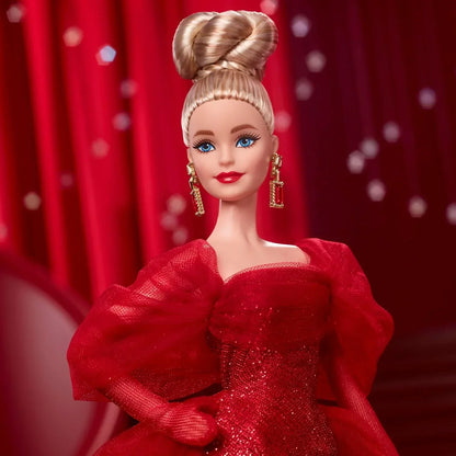 Barbie Signature Doll, Mattel 80th Anniversary Collectible in Glittery Red Tulle Gown with Drop Earrings and Sheer Gloves, Blonde Hair - Jaiman Toys