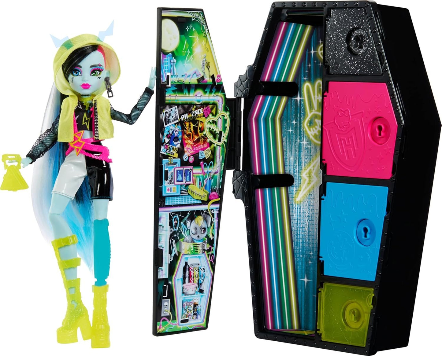 Monster High Doll and Fashion Set, Frankie Stein Doll, Skulltimate Secrets: Neon Frights, Dress-Up Locker with 19+ Surprises