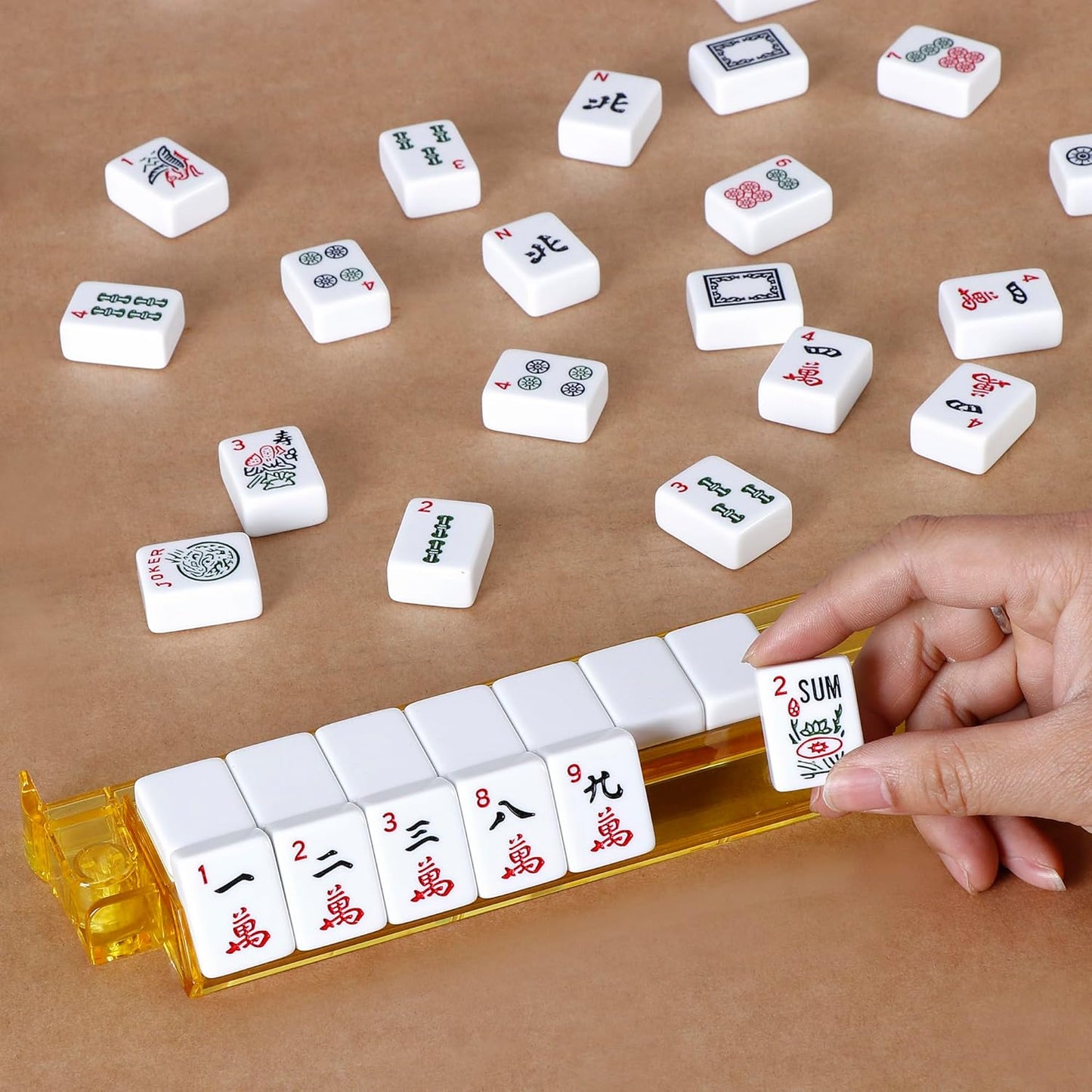 American Mahjong Set – 166 Tiles Complete Mah Jongg Game with 4 Color All-in-One Rack Pushers, Red Soft Carry Bag & Accessories | Classic Full Size Mahjong Tile Set