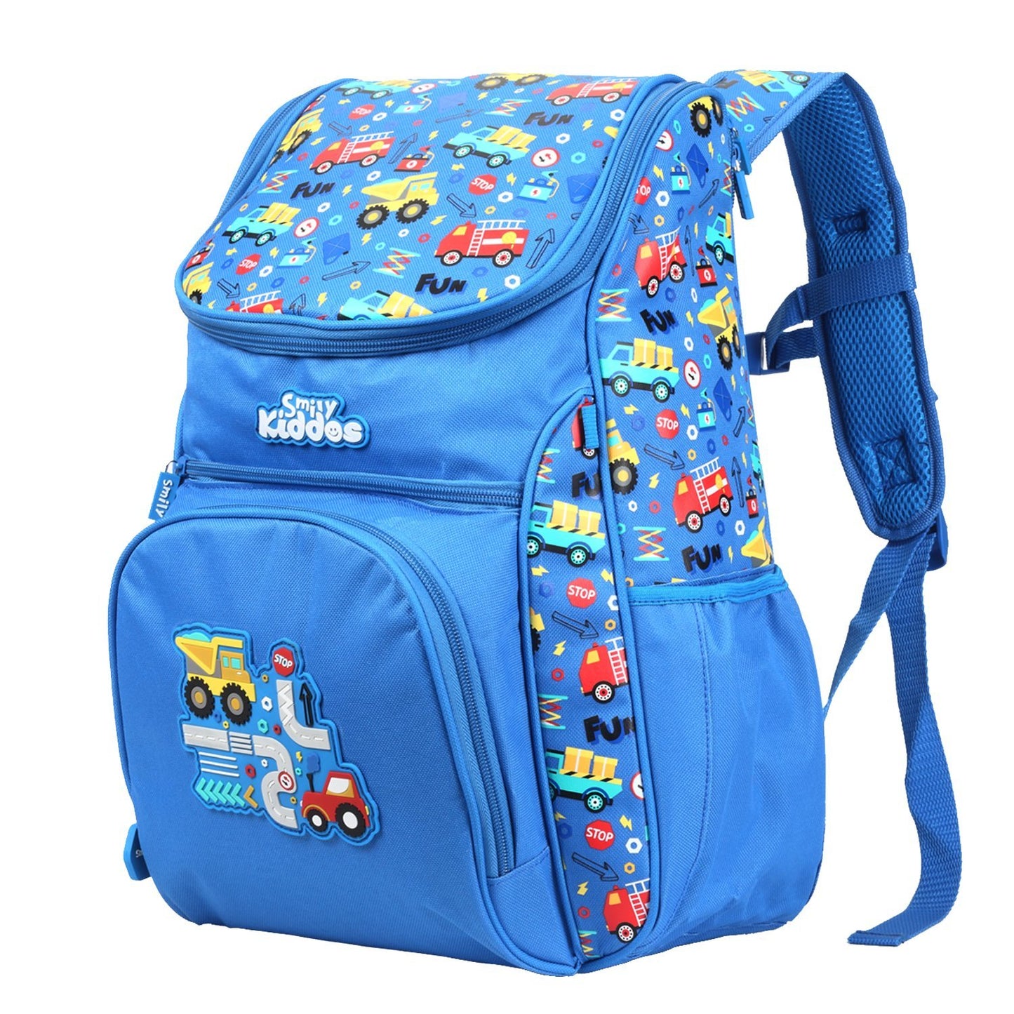 Smily Kiddos 18 Inch Kids School Backpack – Vehicle Theme Blue Multi-Compartment School Bag for Boys