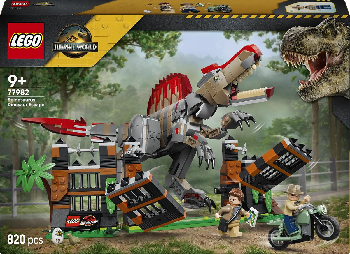 LEGO 77982 Jurassic World Spinosaurus Dinosaur Escape – 820-Piece Posable Dinosaur Playset with 2 Minifigures, Ages 9+