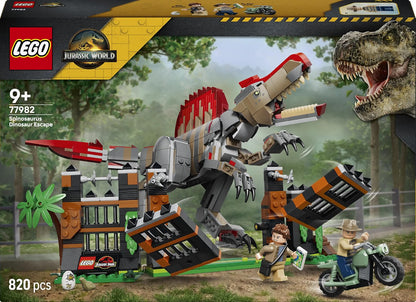 LEGO 77982 Jurassic World Spinosaurus Dinosaur Escape – 820-Piece Posable Dinosaur Playset with 2 Minifigures, Ages 9+