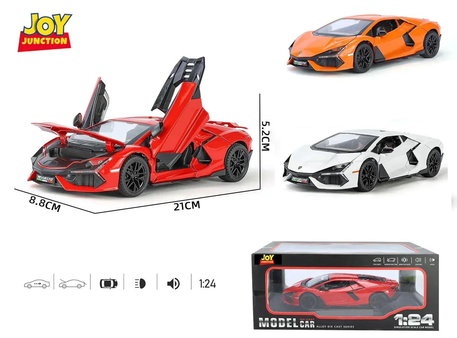 1:24 Lamborghini Street Car Die-Cast Metal Model – Pull Back Alloy Toy Car with Openable Doors, Light, Music & Display Bracket (White) - Jaiman Toys