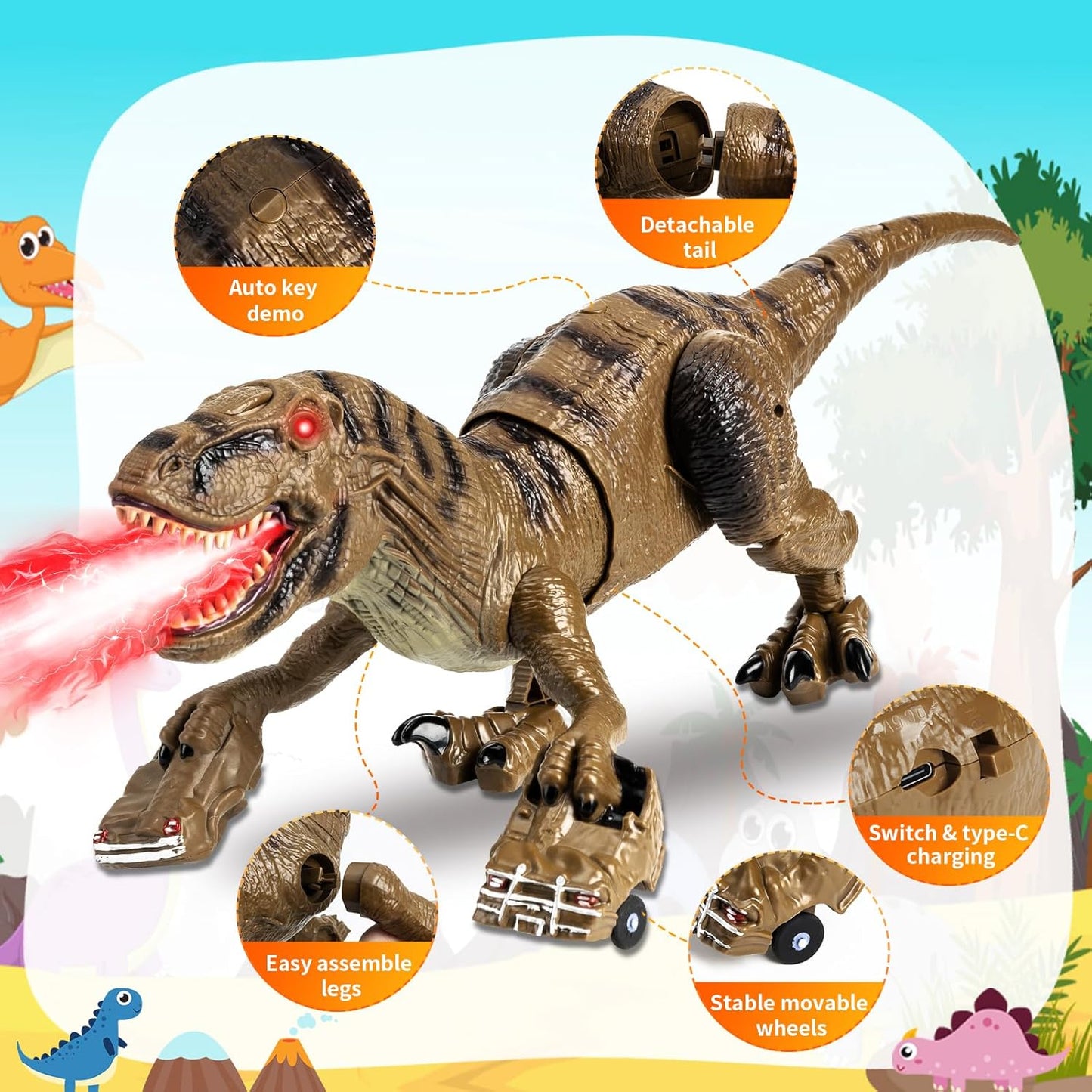 2.4GHz Remote Control T-Rex Dinosaur Toy with Mist Spray, Lights & Sound – Walking RC Robot Dinosaur with 360° Head Movement for Kids