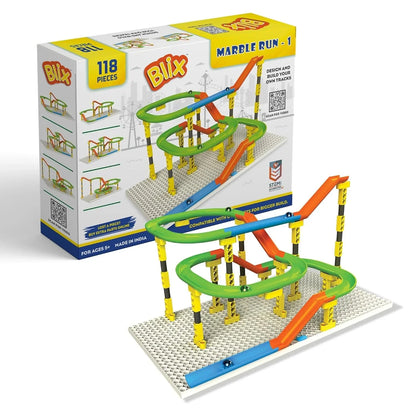 Blix Marble Run - 1, 118 Piece Construction Set, Design and Build Your Own Tracks, Marble Run Toys for Kids, Compatible with Other Brick Brands, Ages 5+, Made in India - Jaiman Toys