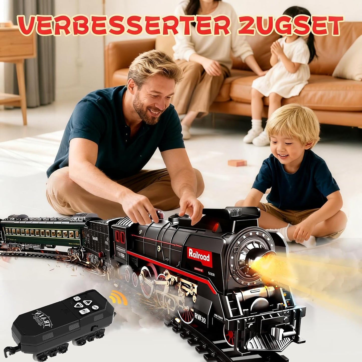 FENMING Classic Steam Train Set with Smoke, Lights & Track Layout | Battery Operated Railway Toy