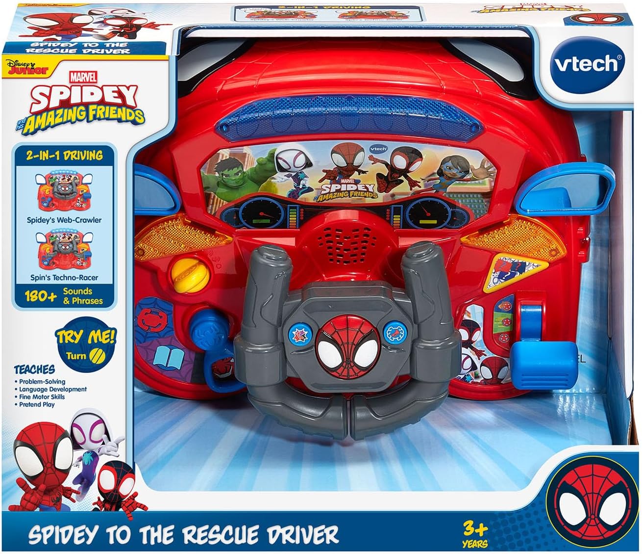 VTech Marvel Spidey and His Amazing Friends Spidey to the Rescue Driver | 2-in-1 Interactive Driving Toy with Steering Wheel, Lights, Sounds & 180+ Phrases