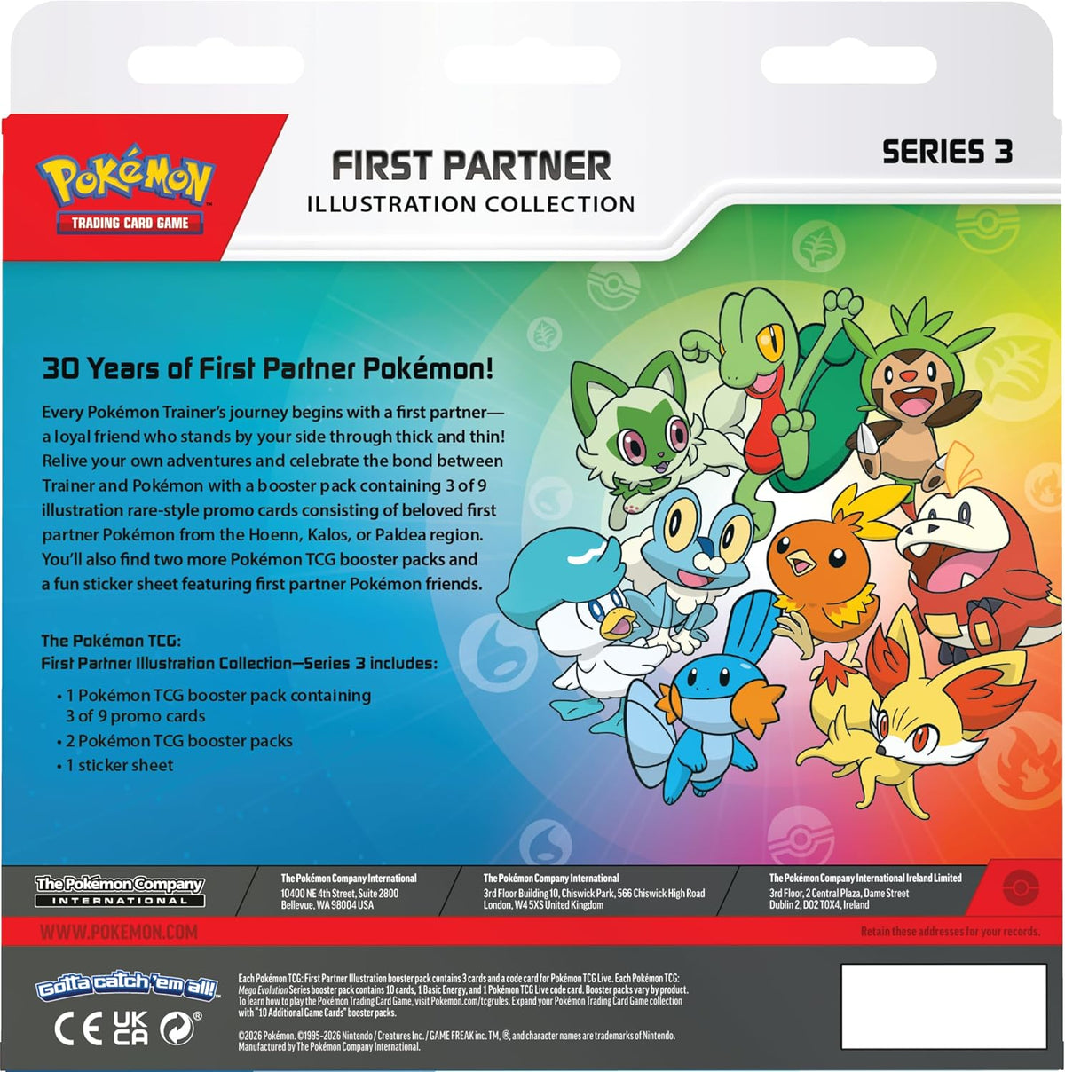 Pokémon TCG First Partner Illustration Collection Series 3 – 2 Booster Packs, 3 Promo Cards & Sticker Sheet