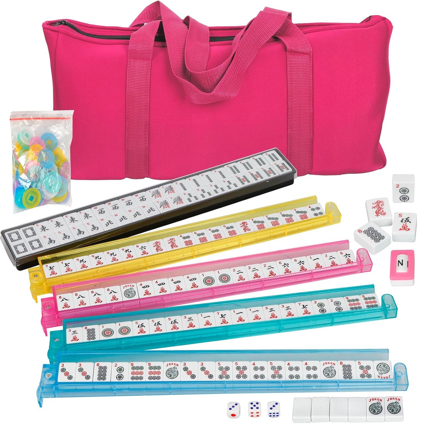 Premium Mahjong Collector Edition Set with 166 Tiles Wooden Racks Floral Playing Mat Dice and Score Chips