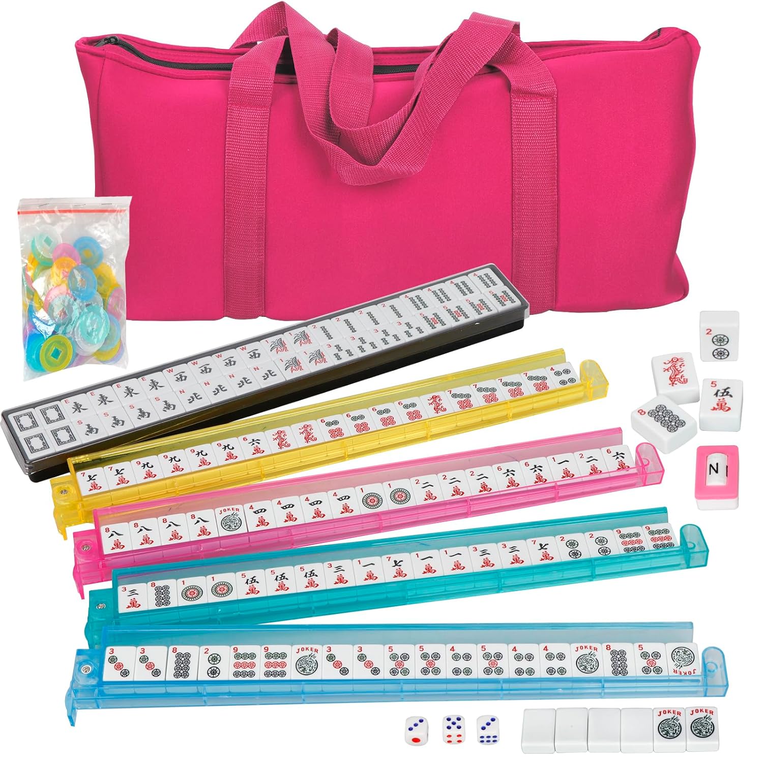 Premium Mahjong Collector Edition Set with 166 Tiles Wooden Racks Floral Playing Mat Dice and Score Chips