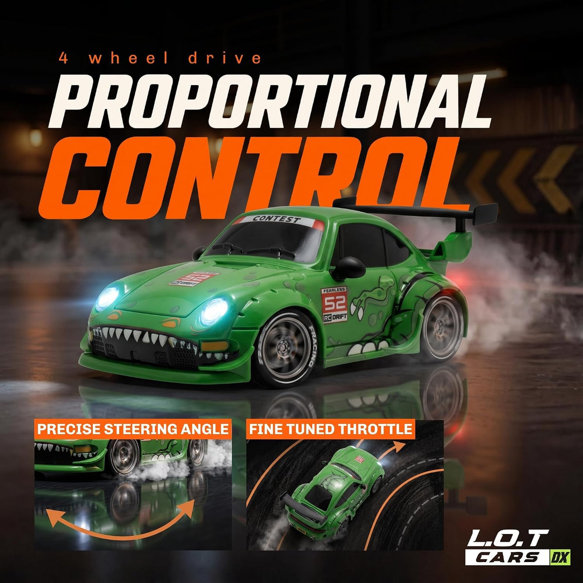Zipp Remote Control Car | 20 km/h 2.4GHz RC Drift Car | 4x4 Drifting Car with 100m Remote Range | Multi-Mode LED Lights | Rexy Green