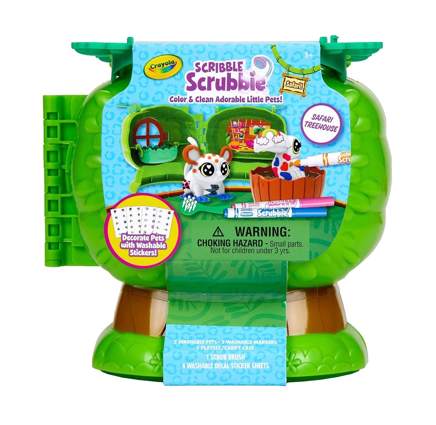 Crayola Scribble Scrubbie Pets Safari Treehouse Playset, Flocked Color and Wash Jungle Pets, Washable Markers, Stickers, Tub, Brush, Carry Case with Storage,3+