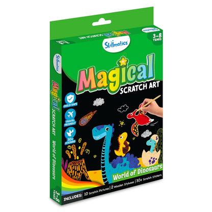 Skillmatics Magical Scratch Art Book for Kids - Dinosaurs, Craft Kits & Supplies, DIY Activity & Stickers, Gifts for Toddlers, Girls & Boys Ages 3, 4, 5, 6, 7, 8, Travel Toys