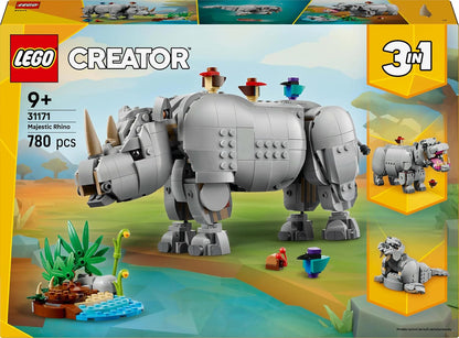 LEGO 31171 Creator 3in1 Majestic Rhino Building Set (780 Pieces) | Rhino, Giraffe & Warthog Animal Models | Wildlife Building Toy for Kids 9+