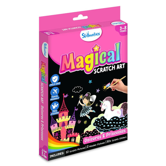 Skillmatics Paper Magical Scratch Art Book - Unicorns & Princesses, Craft Kits, Diy Activity & Stickers, Gifts For Girls & Boys Ages 3, 4, 5, 6, 7, 8, Multicolour