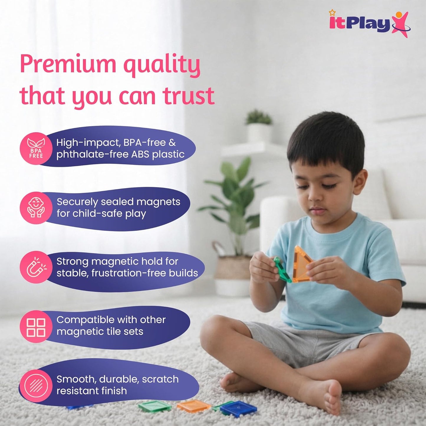 ItPlay Magnetic Tiles 20 Pieces Set for Kids | STEM Educational Magnetic Building Blocks Construction Toy