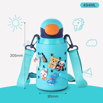 Kids Insulated Water Bottle with Carry Pouch – Leakproof Stainless Steel School Bottle with Strap (Cartoon Design)