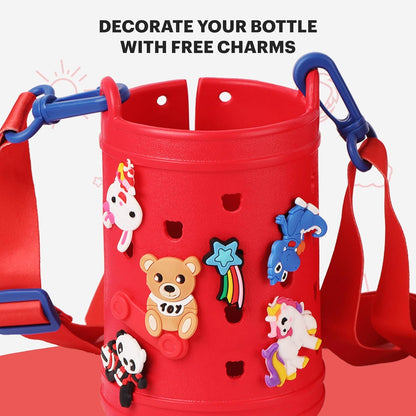 Kids Insulated Stainless Steel Water Bottle with Carry Pouch – Leakproof School Bottle with Shoulder Strap (Cartoon Animal Design)