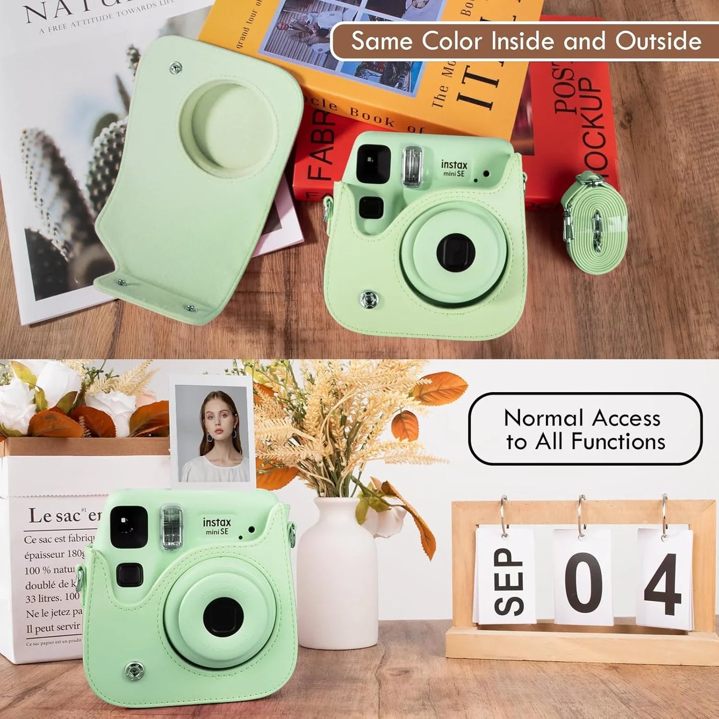 PU Leather Camera Case for Instax Mini SE – Protective Pouch with Adjustable Shoulder Strap - Green - Jaiman Toys
