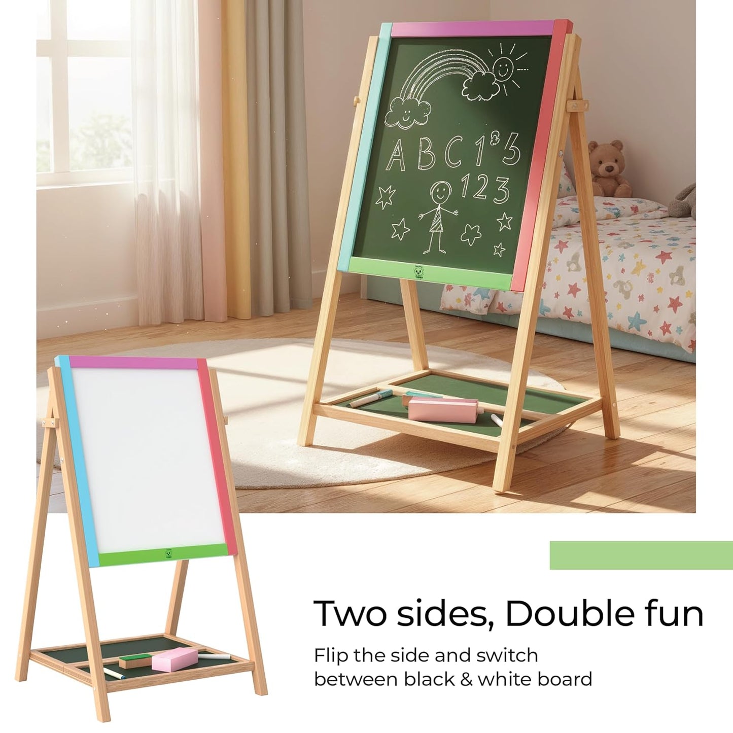 Simarr 2-in-1 Space Kids Writing Board – Double Sided Blackboard & Whiteboard with Stand | Learning & Drawing Board for Kids