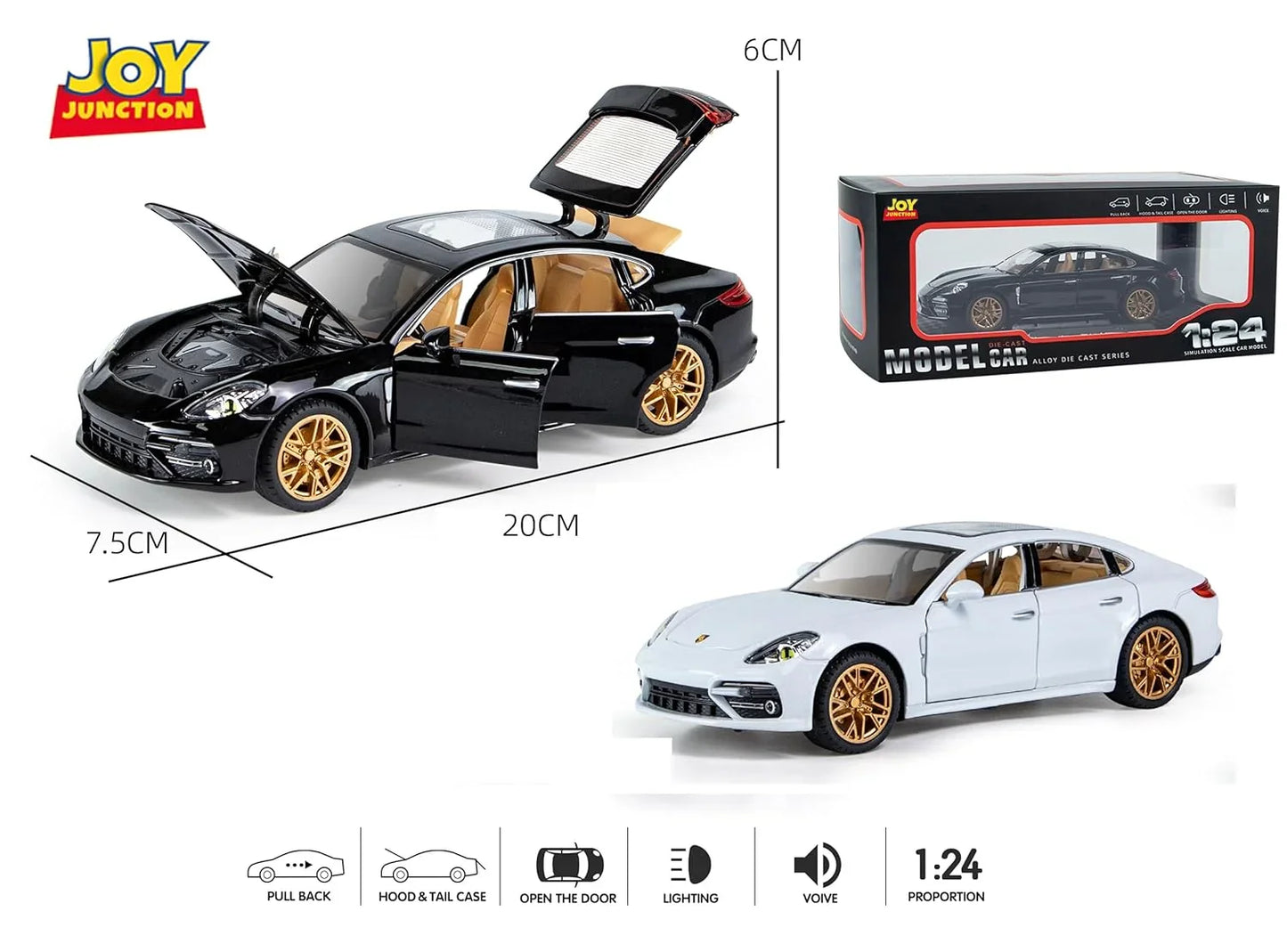 Joy Junction 1:24 Porsche Panamera Die-Cast Model Car – Alloy Metal Pull Back Toy Car with Openable Doors, Light & Music - Jaiman Toys
